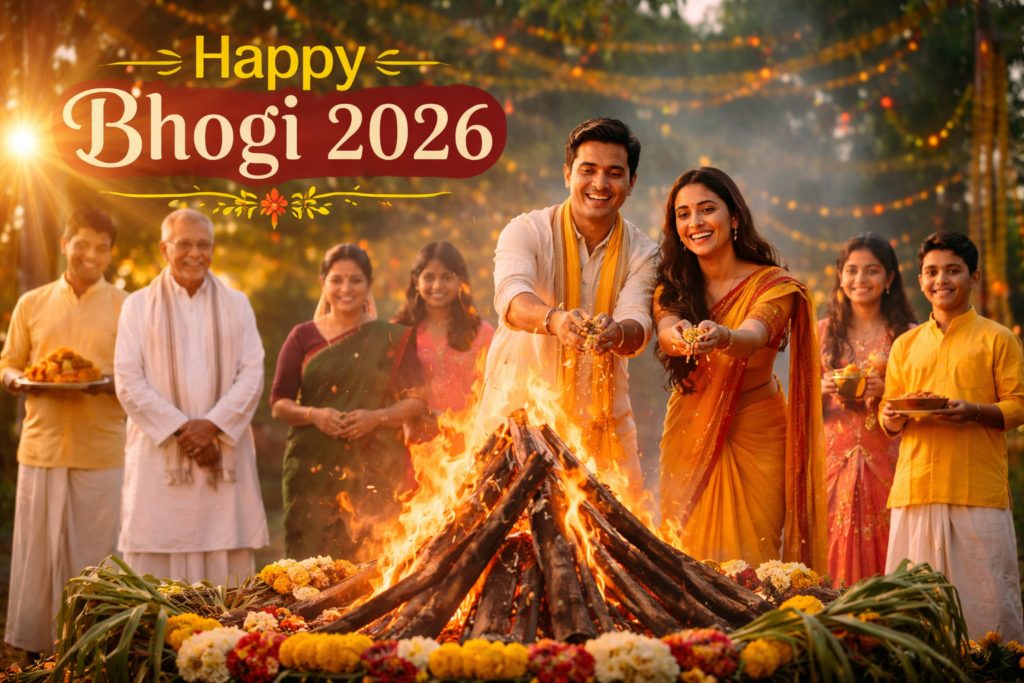 Happy Bhogi 2026 celebration with traditional bonfire