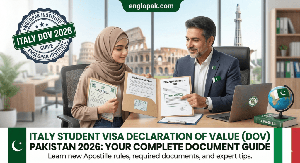 Englopak Institute guide showing the MOFA Apostille and Italy student visa declaration of value