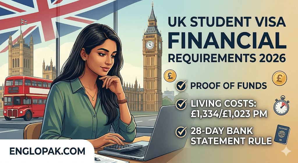Infographic guide covering UK Student Visa Financial Requirements 2026, including proof of funds and living costs for international students.