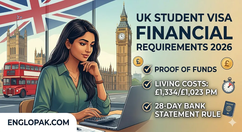 Infographic guide covering UK Student Visa Financial Requirements 2026, including proof of funds and living costs for international students.