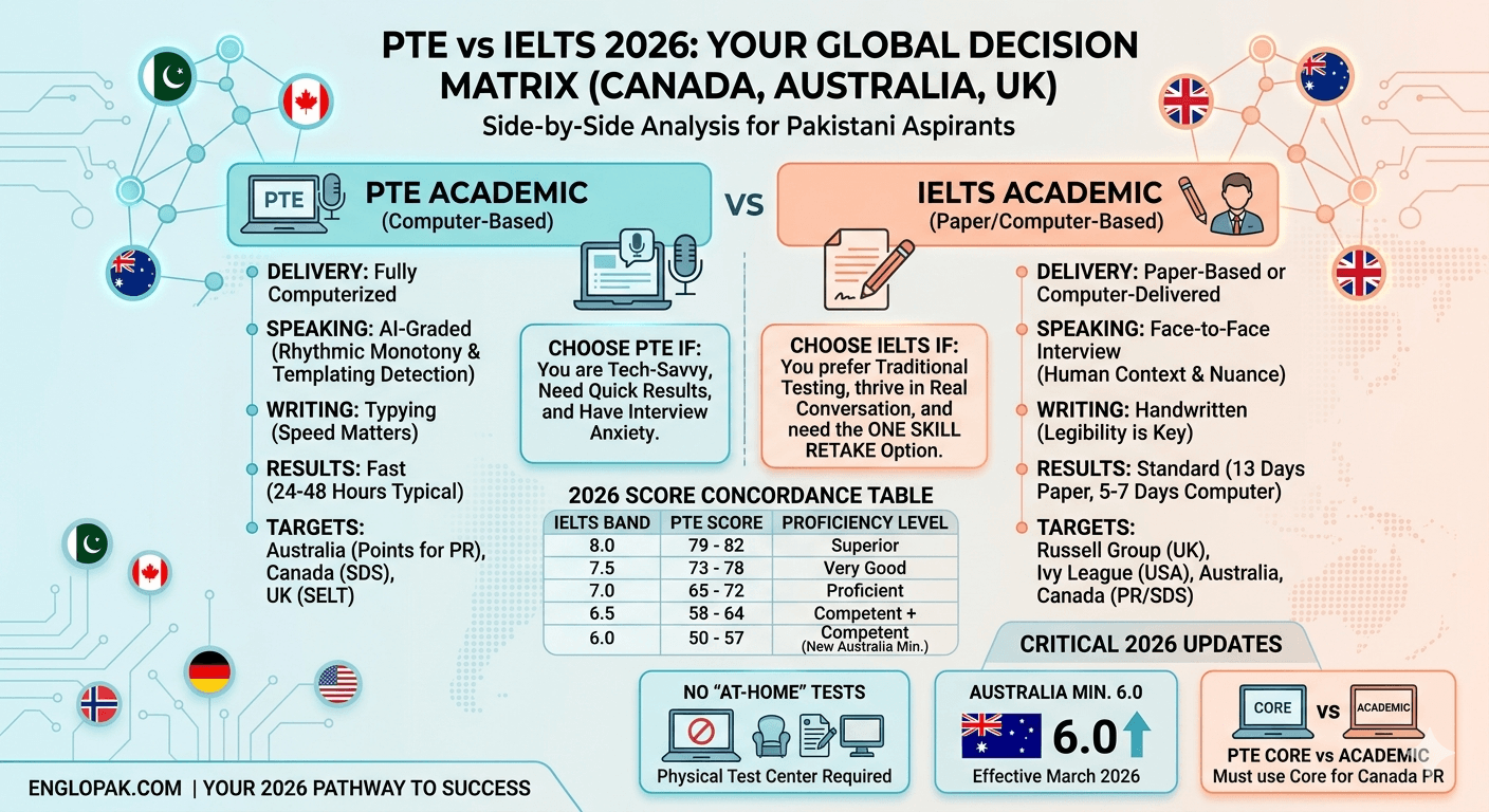 PTE vs IELTS 2026 for Canada, Australia, and UK - Englopak | Study Abroad